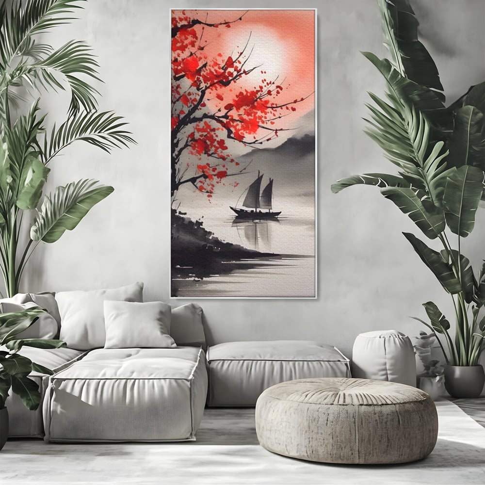 Tablou canvas cu tablou canvas cu barca si copac rosu, in rama de aluminiu argintiu, pe perete intr-un living